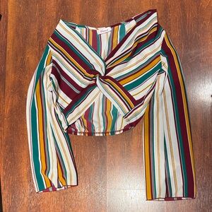 Vince Striped Twist-Front Long Sleeve Crop Top